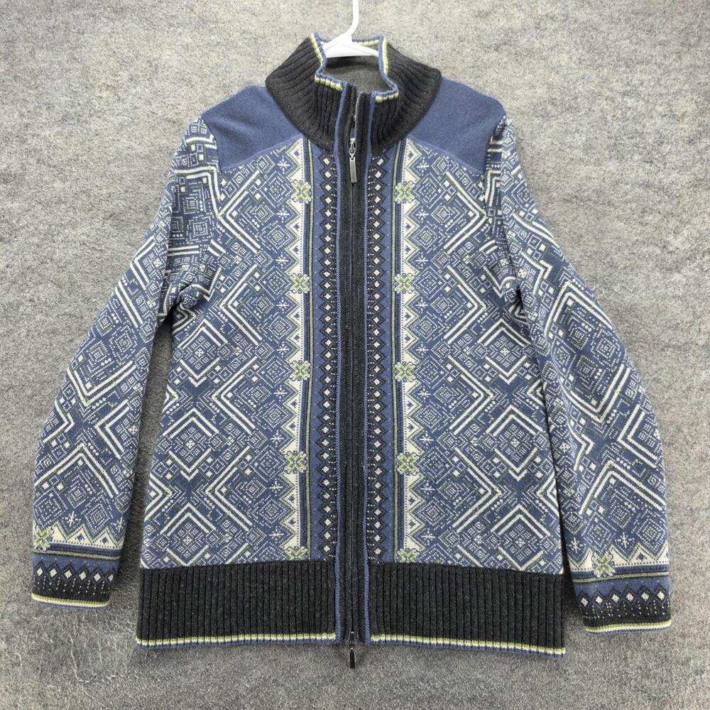 Eddie Bauer Sweater Mens L Blue Fair Isle Mock Neck Full Zip Merino Wool